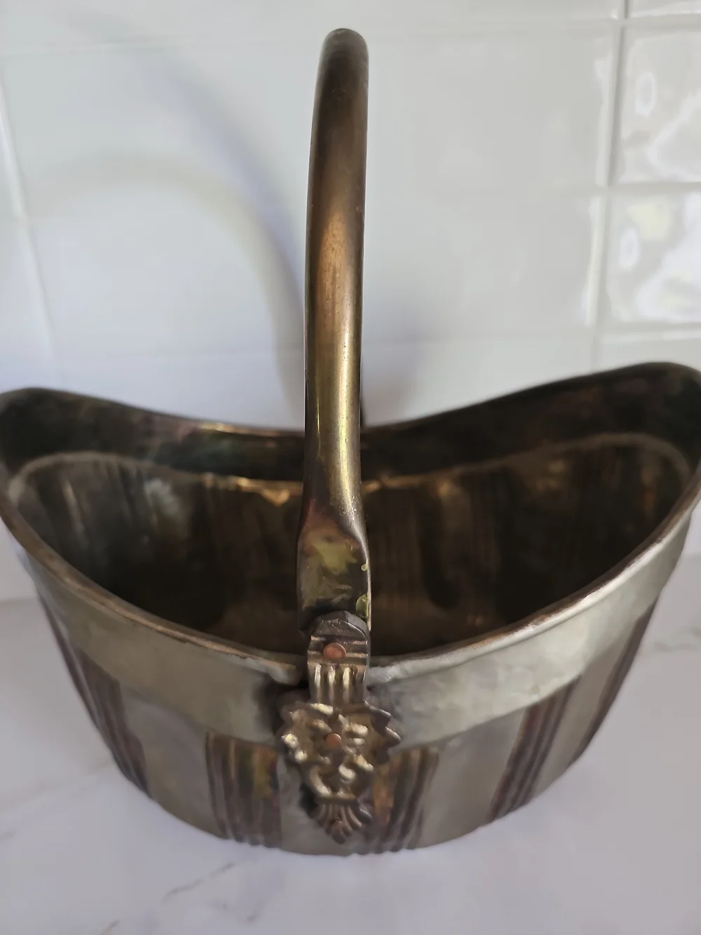 Vintage Hammered Metal Fireplace Coal Scuttle Bucket with Ornate Acanthus Leaf